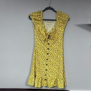 No Boundaries Yellow Tiny Flowers Cotton Blend Tie, Ruffle,  Sundress, S (3-5)
